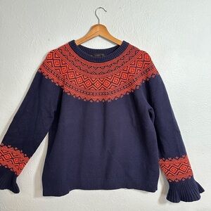 J Crew Women Fair Isle Sweater Merino Wool Blend Ruffle Sleeve Navy Orange Large